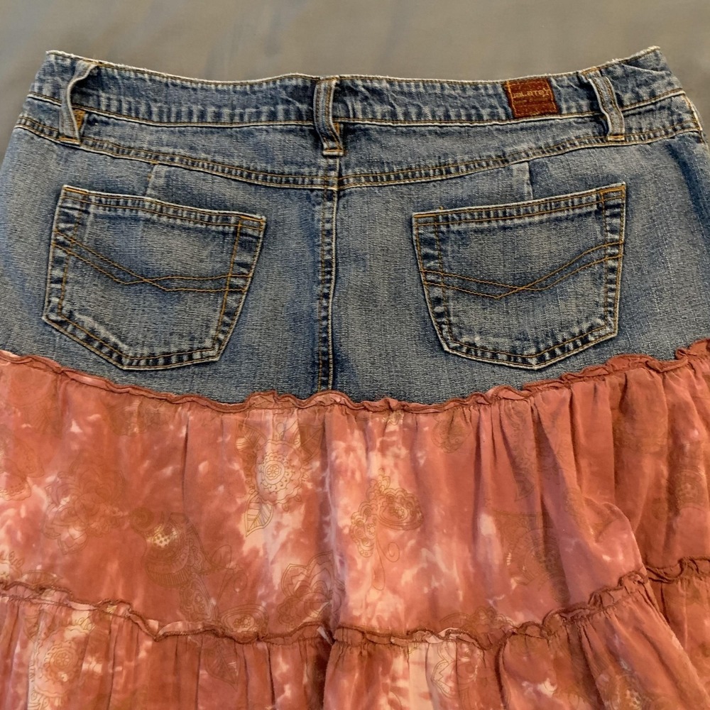 Jalate Skirt Womens 11 Blue Pink Denim Tiered Ruffle Boho Peasant 5 Pocket Lined - Picture 7 of 9